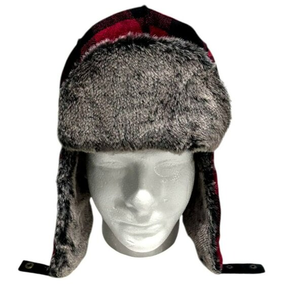 VTG Woolrich Trapper Hat Buffalo Plaid Ear Flaps Faux Fur-Lined Cap Red Black - Picture 12 of 12